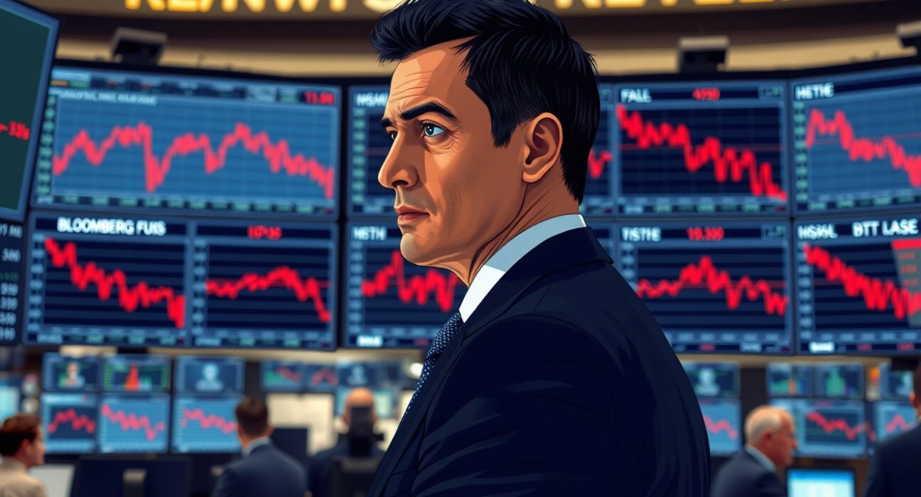 A trader analyzes falling US stock market data on a Bloomberg Terminal during a market decline.