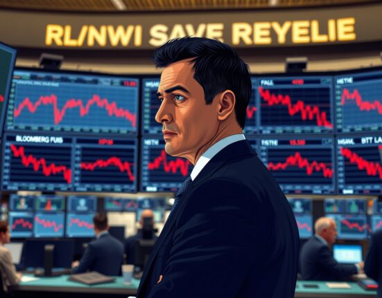 A trader analyzes falling US stock market data on a Bloomberg Terminal during a market decline.