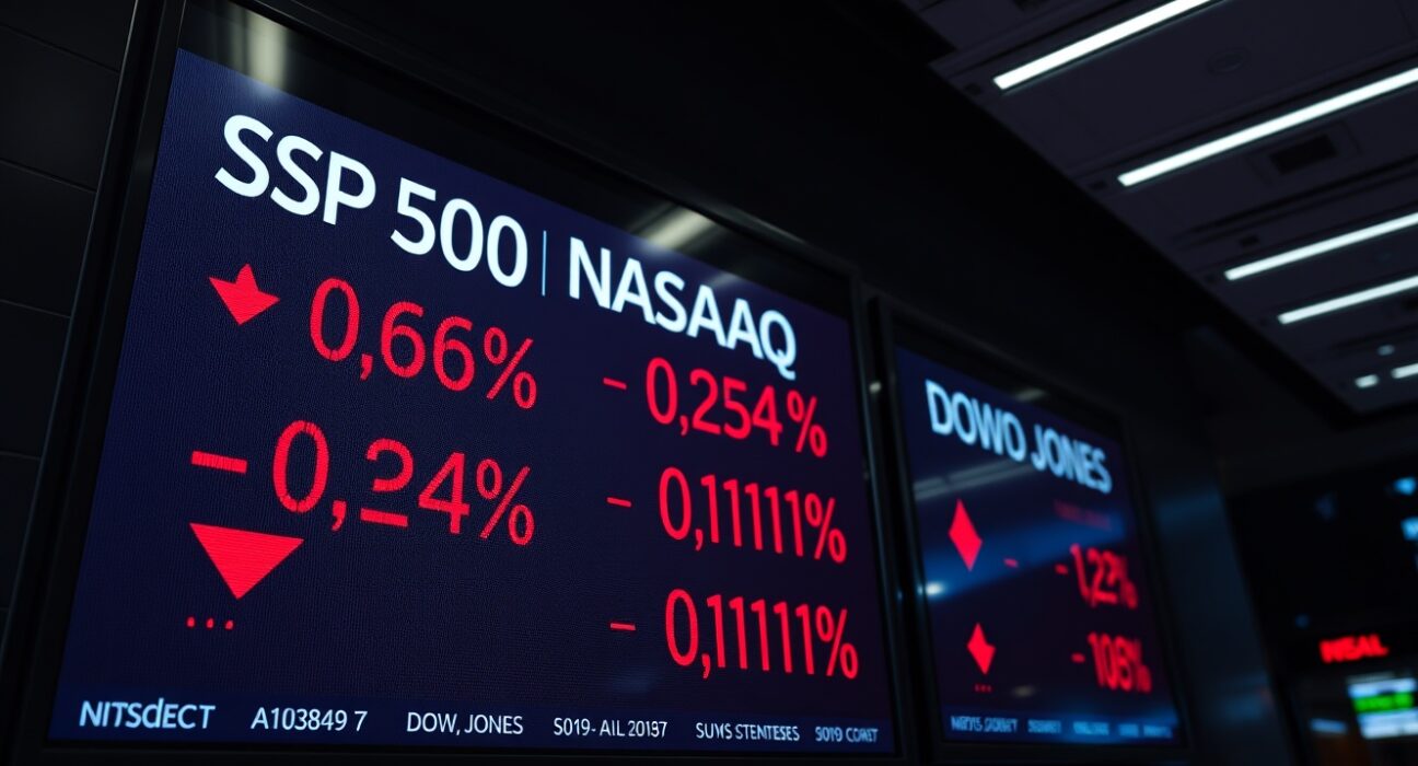 Electronic stock market board showing S&P 500, Nasdaq, and Dow Jones indices with red downward arrows indicating a lower close