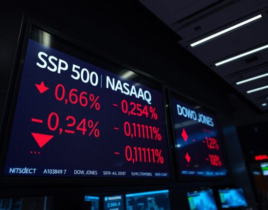 Electronic stock market board showing S&P 500, Nasdaq, and Dow Jones indices with red downward arrows indicating a lower close