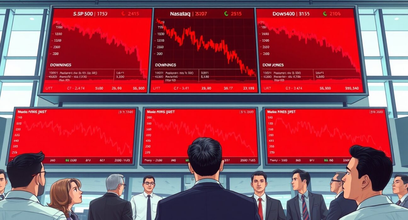 Trading floor displays showing US stock market indices declining with S&P 500, Nasdaq, and Dow