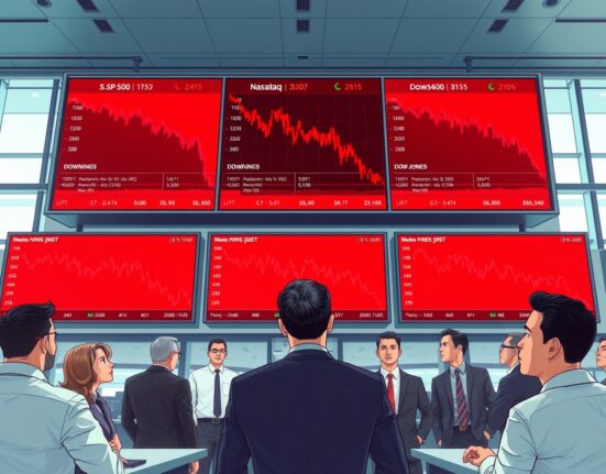 Trading floor displays showing US stock market indices declining with S&P 500, Nasdaq, and Dow Jones charts