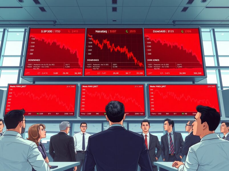 Trading floor displays showing US stock market indices declining with S&P 500, Nasdaq, and Dow