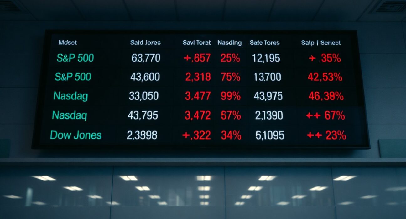 Stock market board displaying red negative numbers for S&P 500, Nasdaq, and Dow Jones after a down day