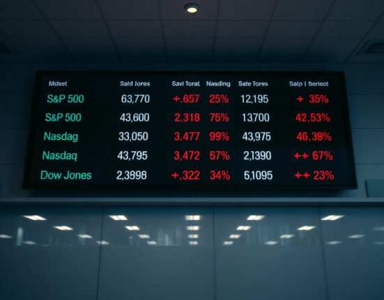 Stock market board displaying red negative numbers for S&P 500, Nasdaq, and Dow Jones after a down day