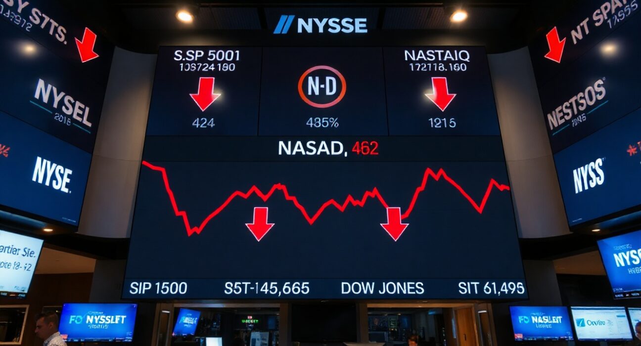 Stock market display showing red declining numbers for major indices