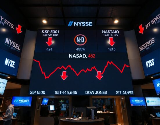 Stock market display showing red declining numbers for major indices
