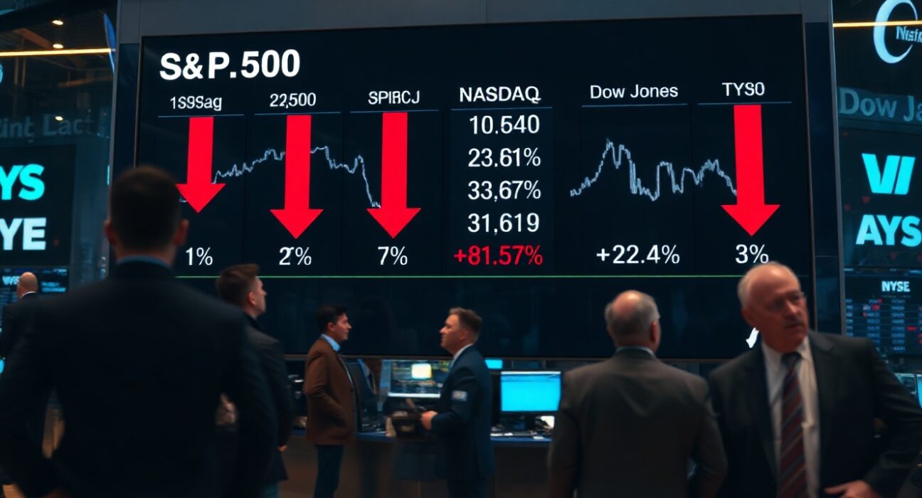 Stock market display board showing red declines for major US indices on a trading floor