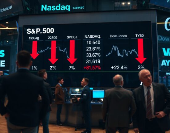 Stock market display board showing red declines for major US indices on a trading floor