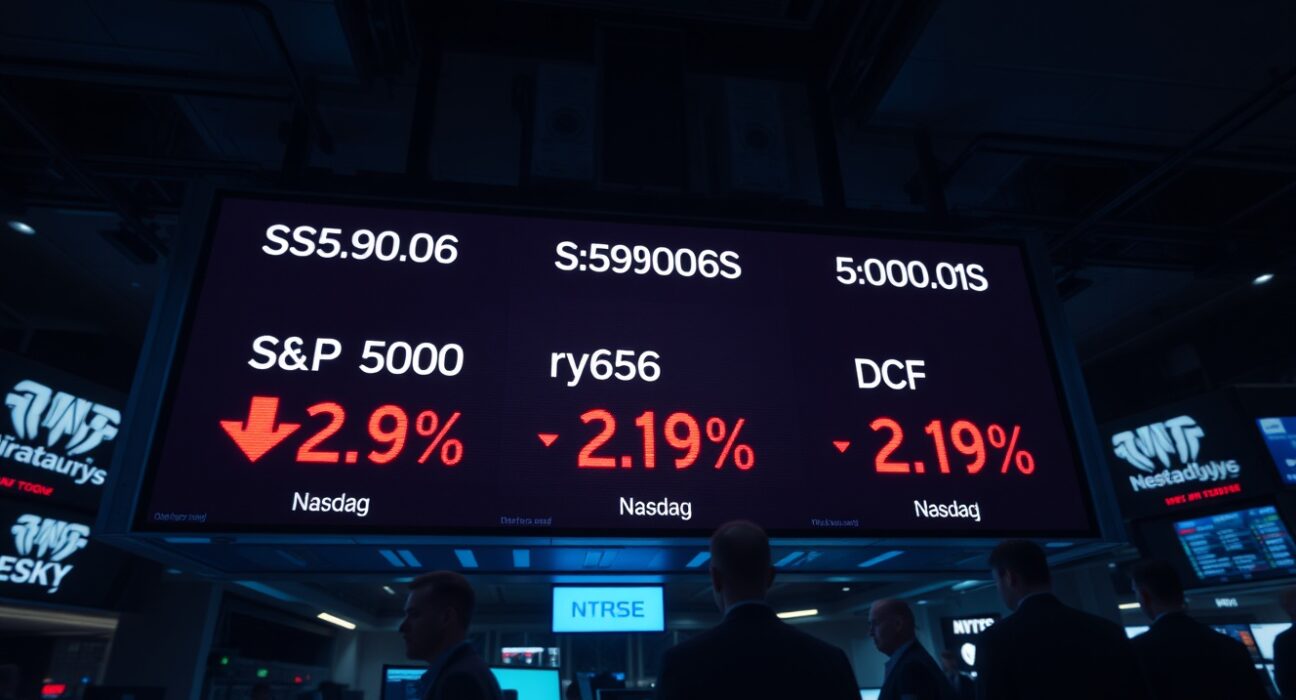 Stock market ticker board displaying red numbers indicating a market decline