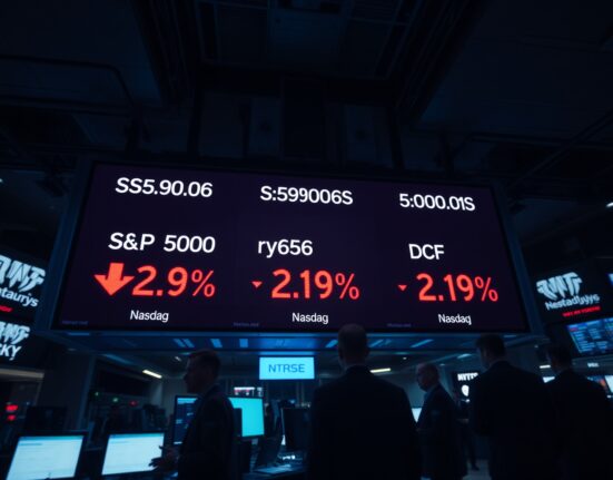 Stock market ticker board displaying red numbers indicating a market decline