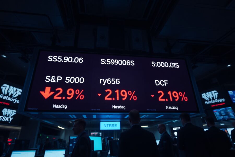 Stock market ticker board displaying red numbers indicating a market decline