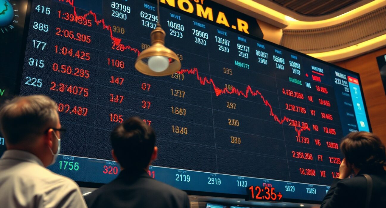 Stock market display board showing red declining numbers on a trading floor