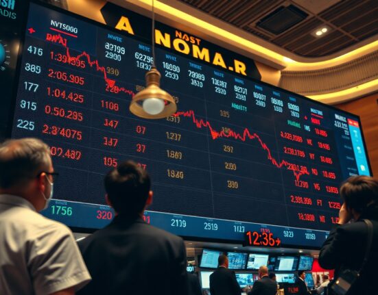 Stock market display board showing red declining numbers on a trading floor