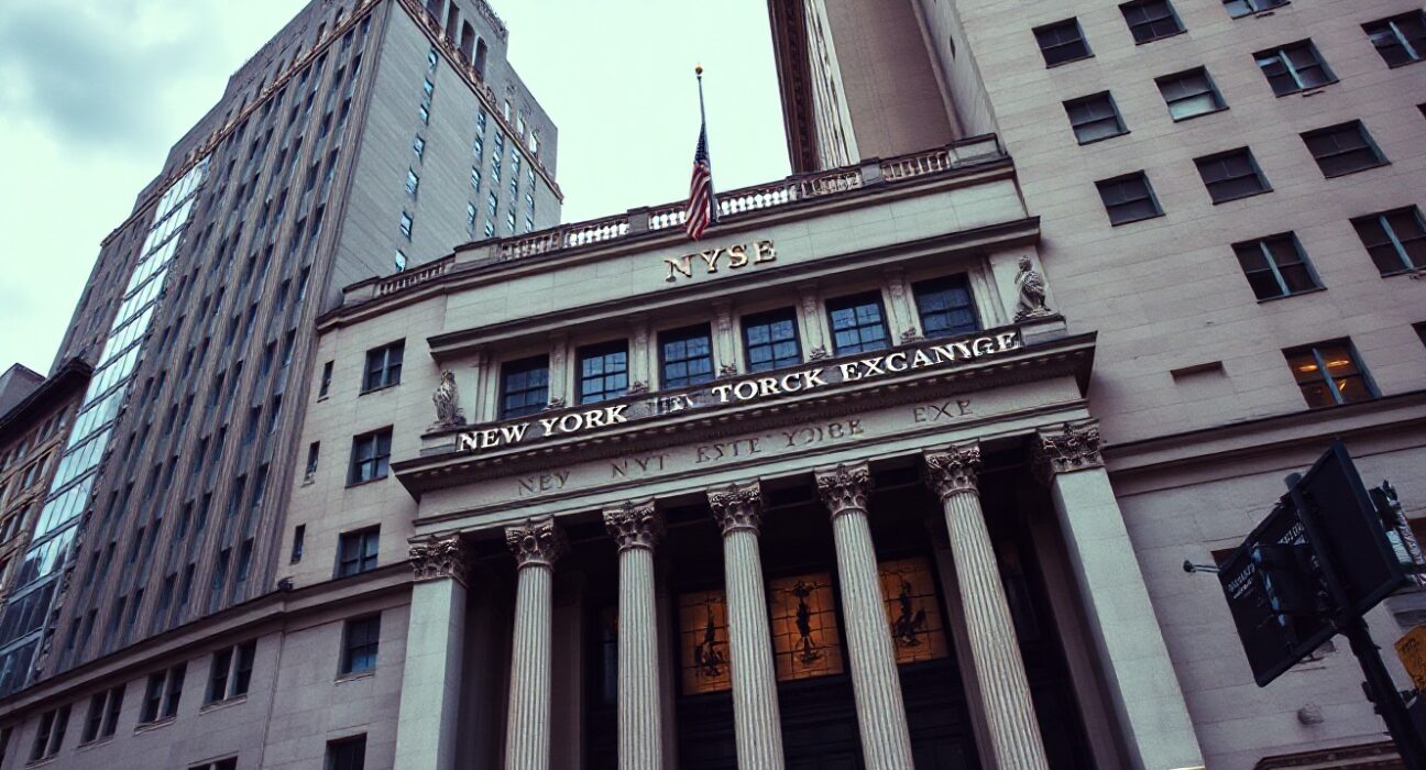New York Stock Exchange building on a cloudy afternoon, representing a down day for Wall Street.