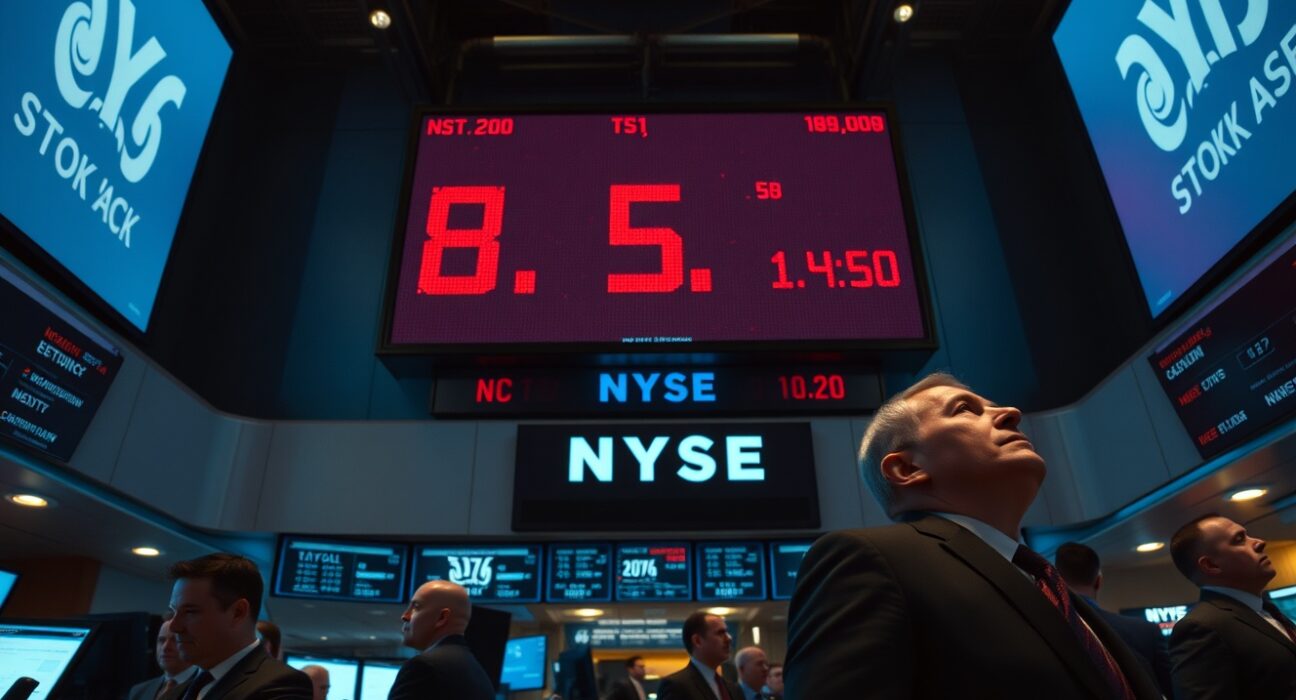 New York Stock Exchange trading floor with red ticker as stocks fall on Iran strike news