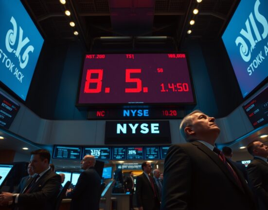 New York Stock Exchange trading floor with red ticker as stocks fall on Iran strike news