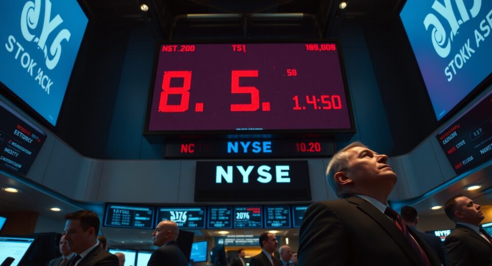 New York Stock Exchange trading floor with red ticker as stocks fall on Iran strike news