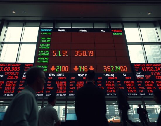 Stock market board showing red downward arrows for Dow, S&P 500, and Nasdaq indices in a financial district office.