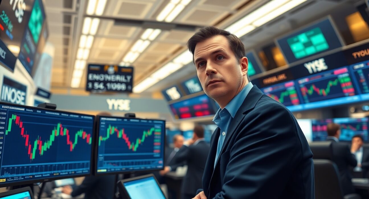 Trader analyzes US stock market data on trading floor as indices show mixed performance.