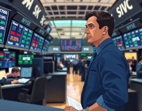 Trader analyzing US stock market data on trading floor screens during mixed market session