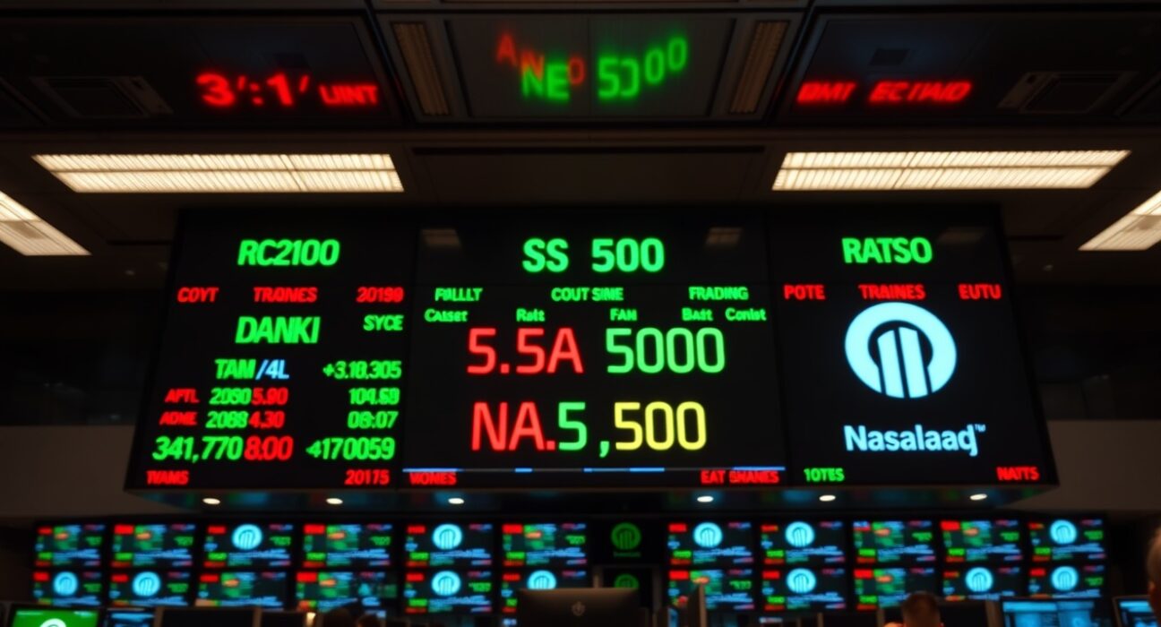 Stock market display board showing mixed trading results for Dow Jones, S&P 500, and Nasdaq indices.