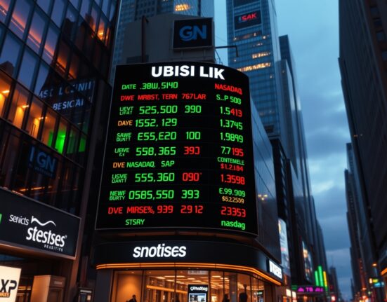Digital stock market board showing mixed performance for Dow, S&P 500, and Nasdaq indices at dusk