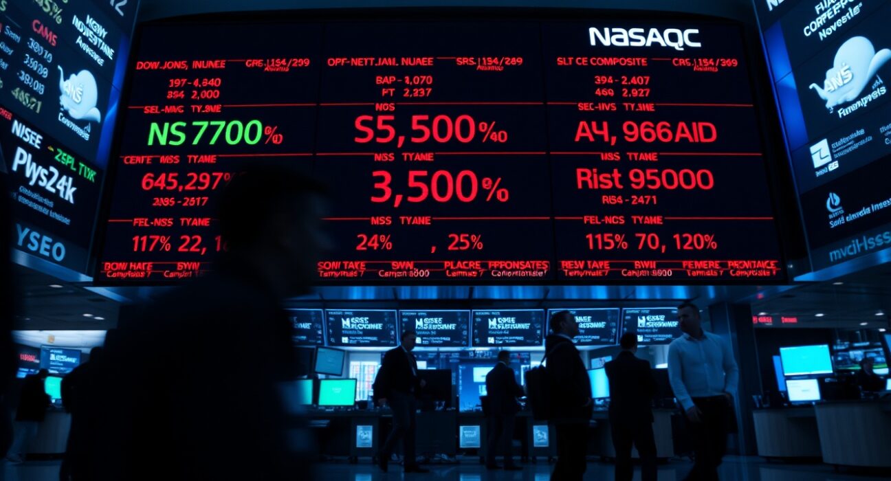 Stock market display board showing mixed performance of Dow, S&P 500, and Nasdaq indices
