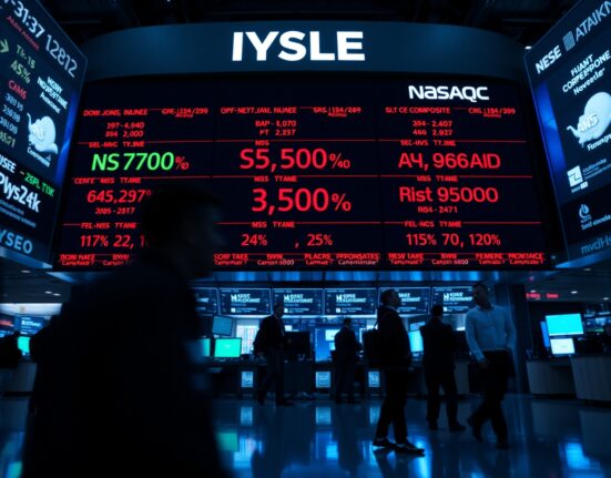 Stock market display board showing mixed performance of Dow, S&P 500, and Nasdaq indices