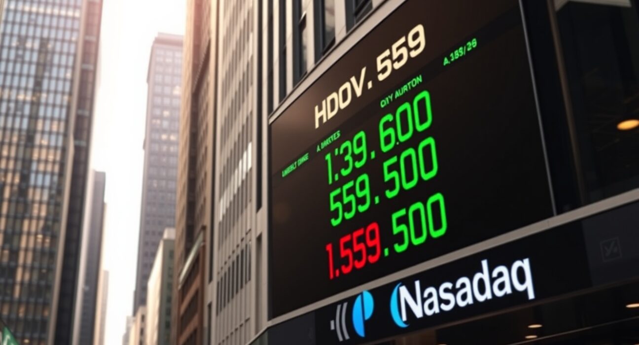 Electronic stock market board showing Dow Jones, S&P 500, and Nasdaq indices with mixed performance