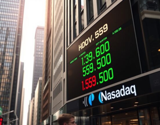 Electronic stock market board showing Dow Jones, S&P 500, and Nasdaq indices with mixed performance