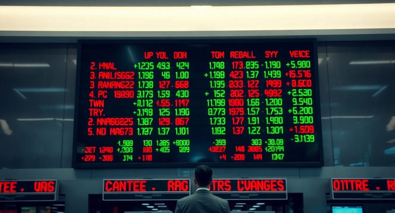 Electronic stock market board displaying mixed index numbers on a trading floor