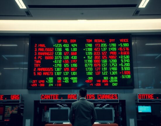 Electronic stock market board displaying mixed index numbers on a trading floor