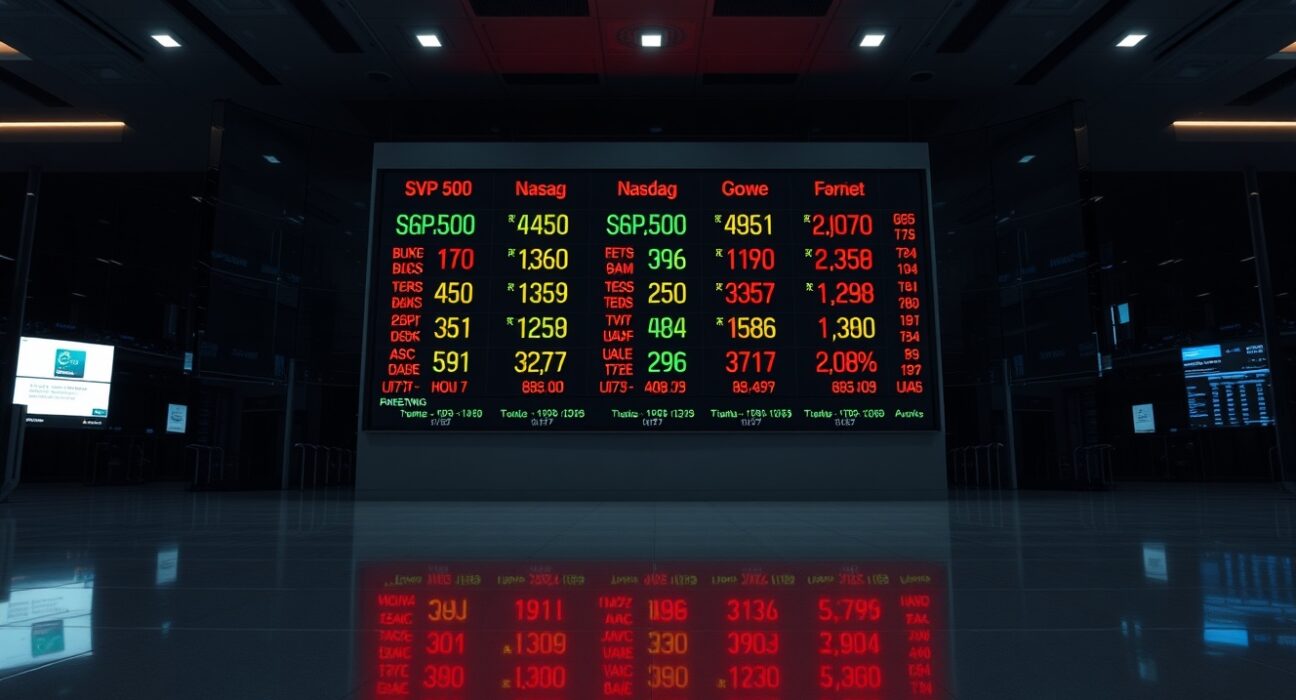 Stock market board showing mixed performance for S&P 500, Nasdaq, and Dow Jones indices