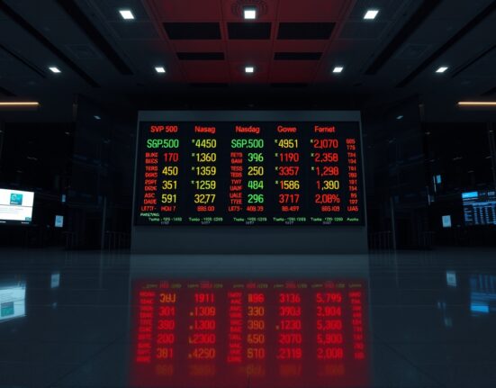 Stock market board showing mixed performance for S&P 500, Nasdaq, and Dow Jones indices