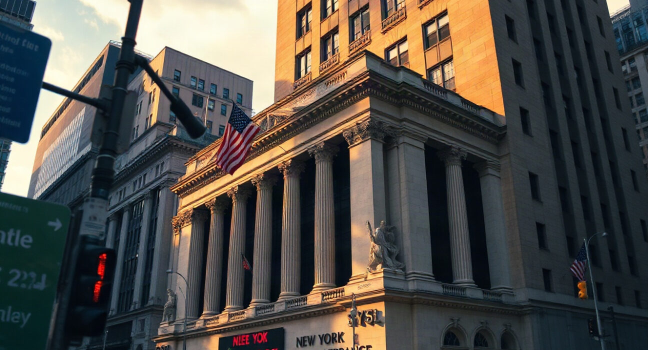 New York Stock Exchange building facade on a sunny afternoon with red and green ticker lights