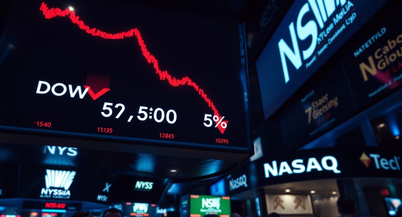 Stock market display board showing Dow, S&P 500, and Nasdaq indices with red negative numbers.