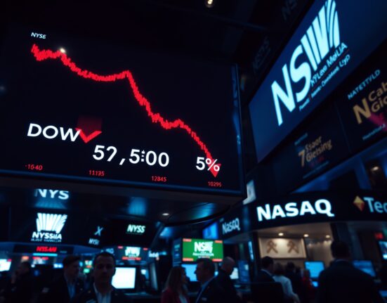 Stock market display board showing Dow, S&P 500, and Nasdaq indices with red negative numbers.