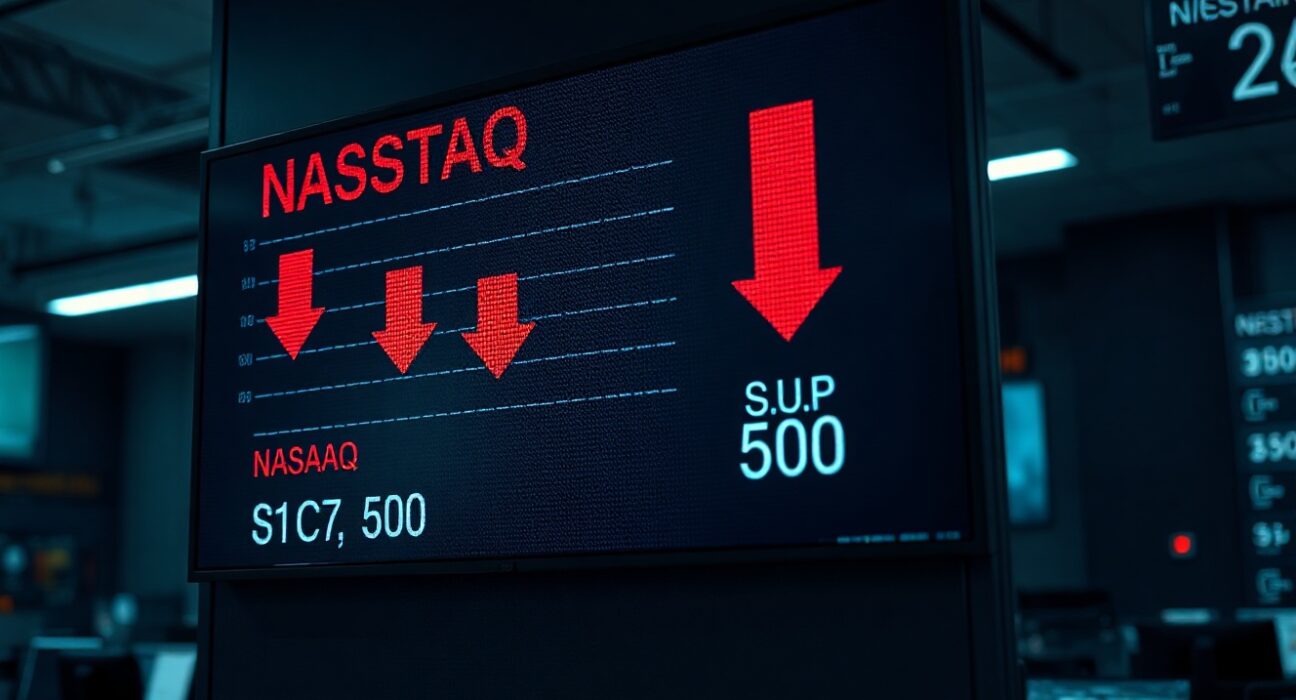 Stock market ticker board showing red declines in major indices