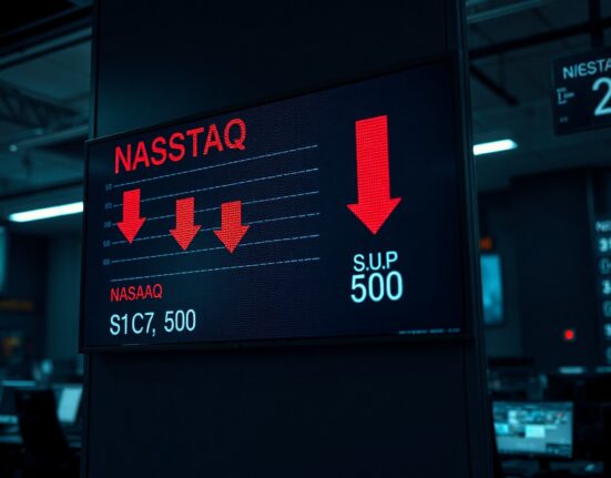 Stock market ticker board showing red declines in major indices