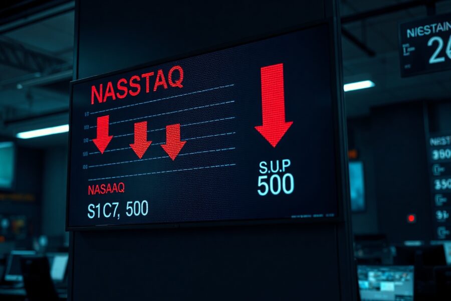 Stock market ticker board showing red declines in major indices