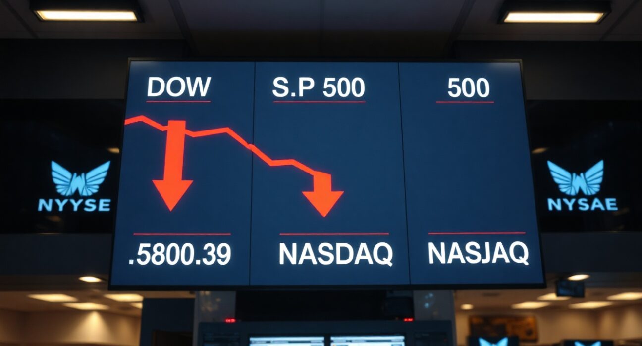 Stock market display showing declining indices after Federal Reserve rate decision