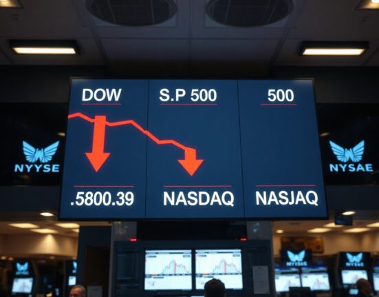Stock market display showing declining indices after Federal Reserve rate decision