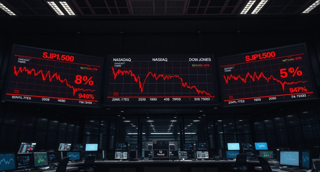 Financial data screens showing US stock market indices declining at market open.