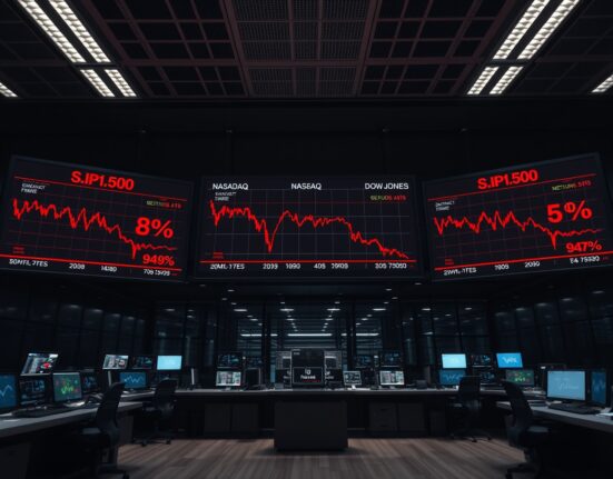 Financial data screens showing US stock market indices declining at market open.