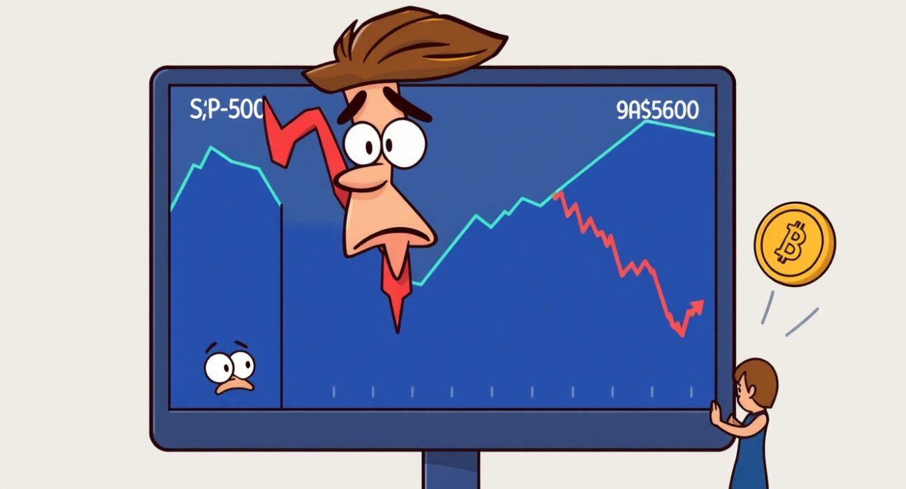 A cartoon illustration showing US stocks lower across major indices, depicting a market dip and investor sentiment.