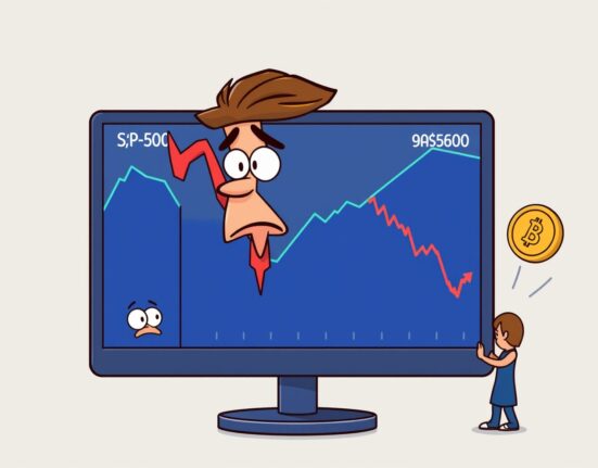 A cartoon illustration showing US stocks lower across major indices, depicting a market dip and investor sentiment.