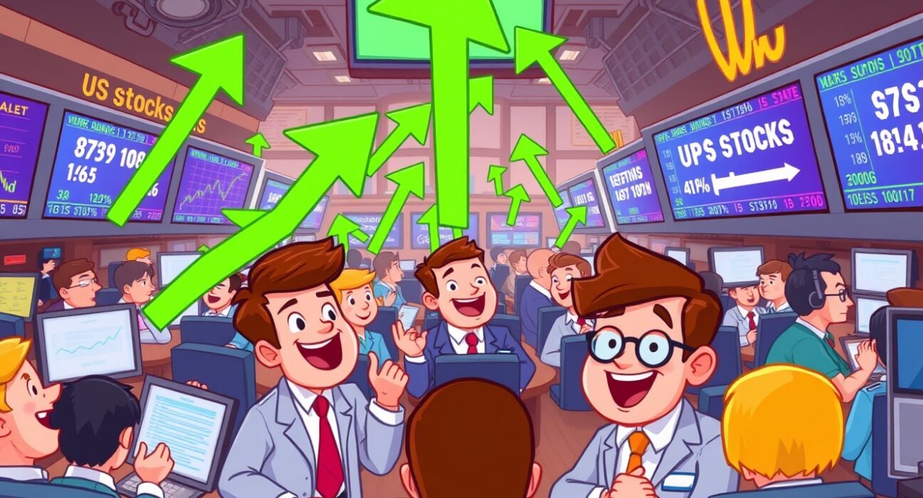 Cartoon showing US stocks opening higher, symbolizing market optimism and strong investor confidence.