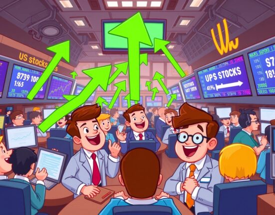 Cartoon showing US stocks opening higher, symbolizing market optimism and strong investor confidence.