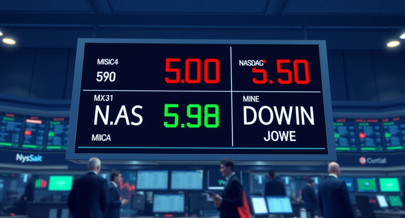 A stock market board showing mixed performance for US stocks, with the Dow Jones index in red and the Nasdaq in green.